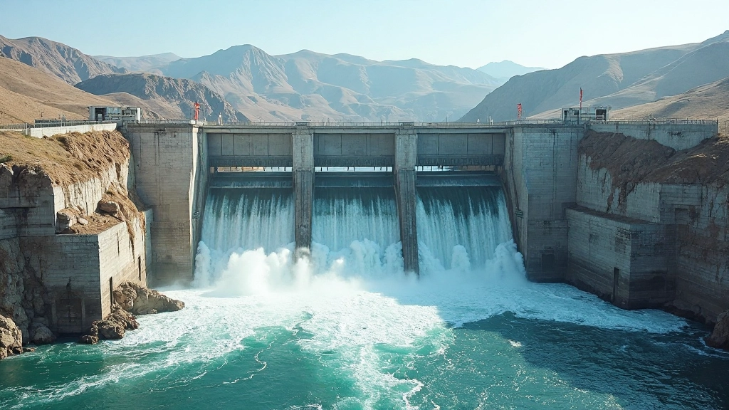 Гидроэлектростанция на реке с мощными потоками воды и бетонной плотиной