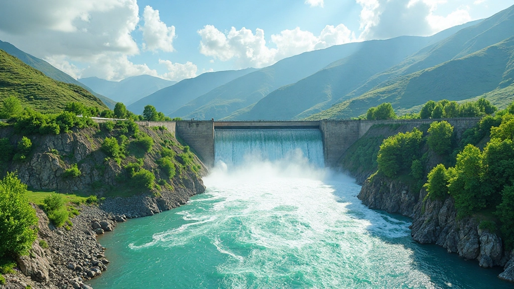 Плотина гидроэлектростанции с водой и зелёными берегами в горной местности