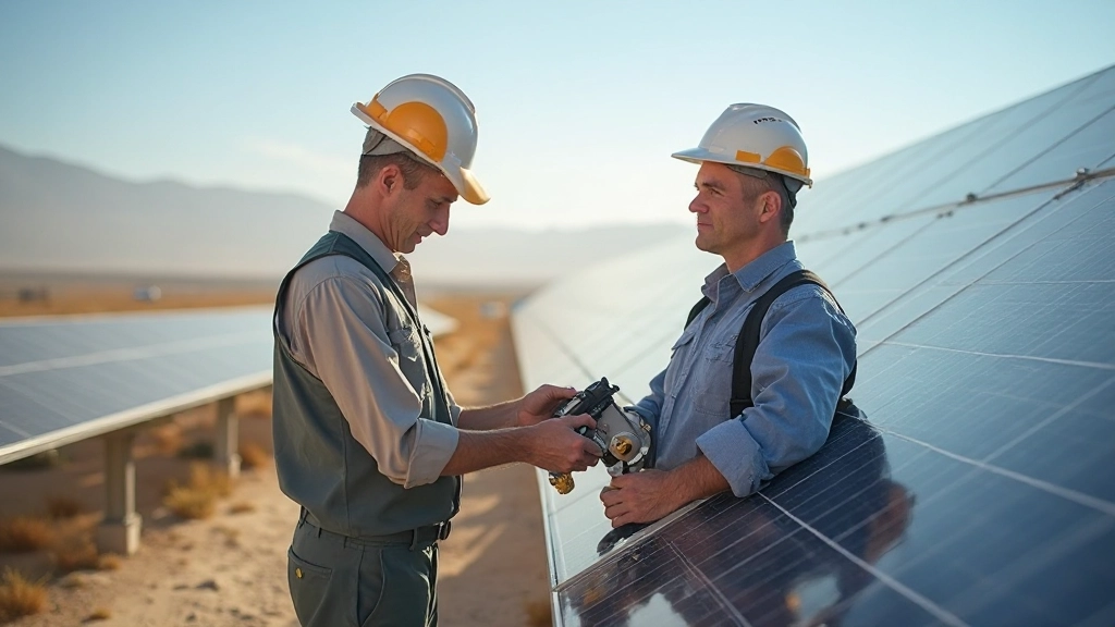 Профессиональное фото современной солнечной электростанции с синими панелями на фоне голубого неба