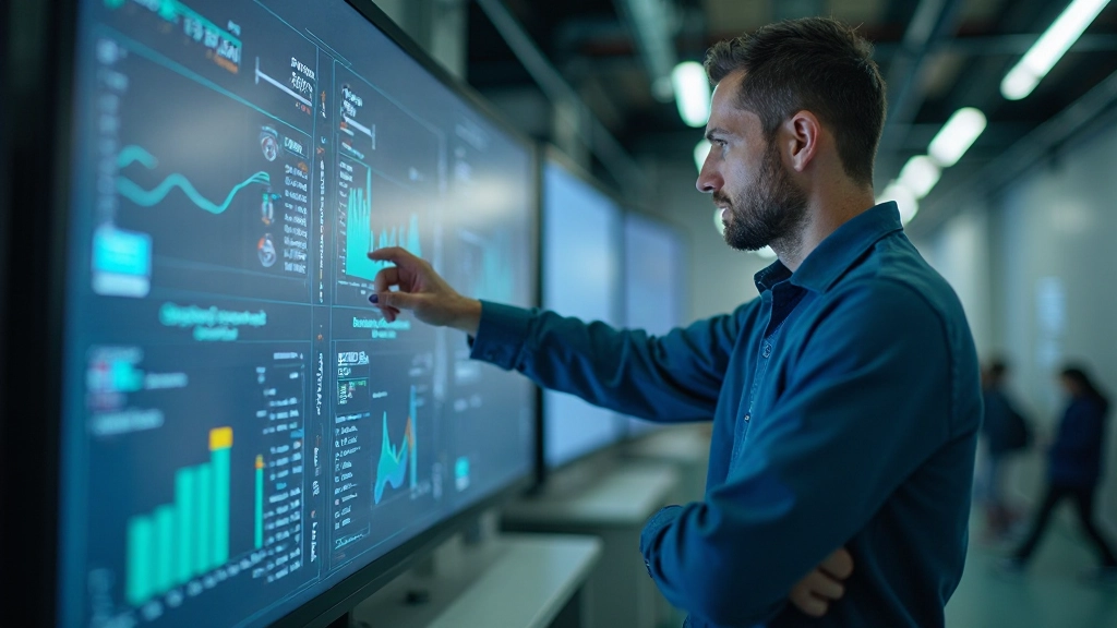 Инженер проверяет параметры работы системы управления энергией с мониторингом на экране