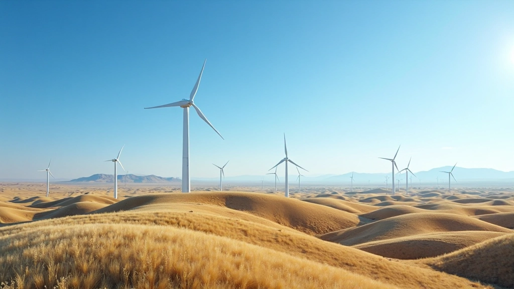 Современная ветровая электростанция в степной местности Казахстана с белыми турбинами