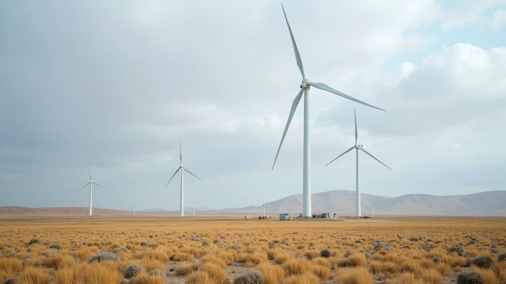 Ветровые турбины на фоне пустынного ландшафта Казахстана с облачным небом